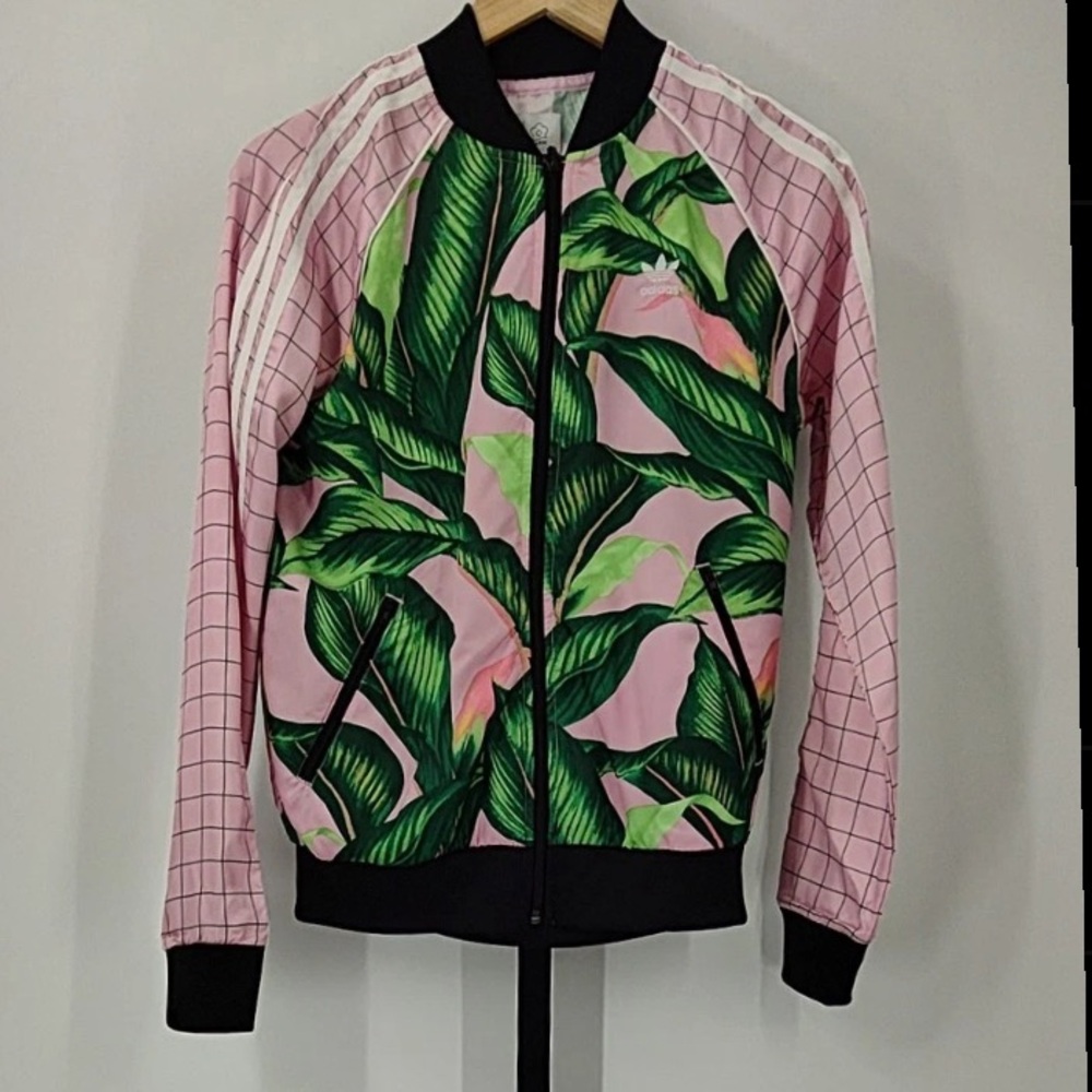 Adidas x Farm Rio limited edition Brazilian print palm Pink and Green jacket